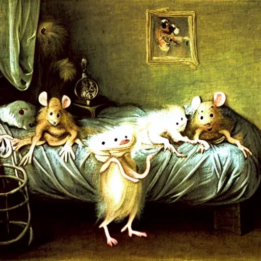 Prompt: anthropomorphic bipedal rat dressed in pajamas, and laying on a bed, classic oil painting, in the style of dungeons & dragons, and magic the gathering, by jean - antoine watteau, dusty, cluttered room, messy, comfy, sleepy, cool tones, fog, steam, vapor, mystic, dim, extremely detailed, sharp focus, 4 k
