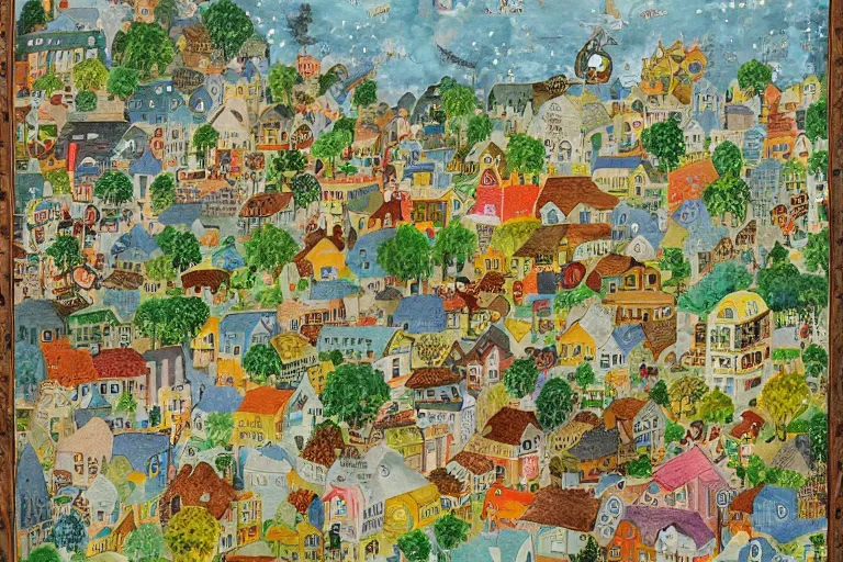 Prompt: an elaborate and dense painting of a peaceful neighborhood, detailed, made of alcohol ink on parchment and penned illustrations, by richard scarry and bosch