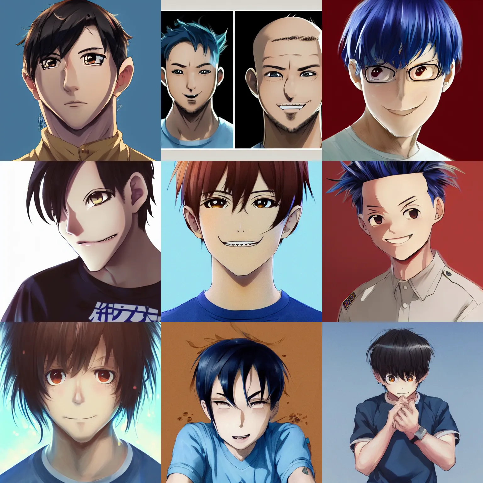 Prompt: A medium shot anime portrait of a happy anime man with extremely short walnut hair and blue eyes, wearing a t-shirt, short hair on top of his head, military haircut, solid background, by Stanley Artgerm Lau, WLOP, Rossdraws, James Jean, Andrei Riabovitchev, Marc Simonetti, and Sakimi chan, trending on artstation
