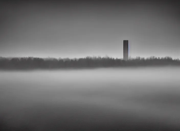 Prompt: high resolution black and white photography with a 3 5 mm f / 2 2. 0 lens of architectural building blocks bulgaria in the middle of nowhere in the 8 0's, there is fog. fine art photography and very detailed