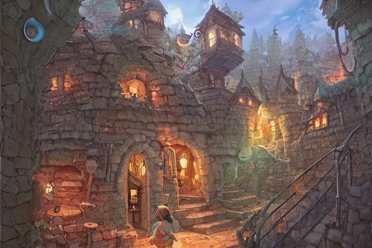 Image similar to one point perspective dungeon cozy fantasy village street view by artgerm and Craig Mullins, James Jean, Andrey Ryabovichev, Mark Simonetti and Peter Morbacher 16k