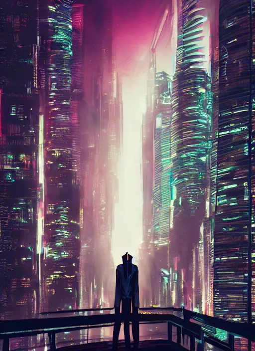 Image similar to a man standing on top of a bridge over a city, cyberpunk art by Vincent Lefevre, behance contest winner, altermodern, cityscape, synthwave, matte painting