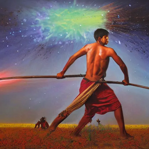 Image similar to portrait of head and body, single bangla farmer fighting on hoseback, hand to hand combat with machete, wielding machete, full body view, long flowing hair, fighting for his life, nebula aura surrounding subject, horseback combat attacker foreground, background of invading army, nestor canavarro hyperrealist art style, sharp outlines