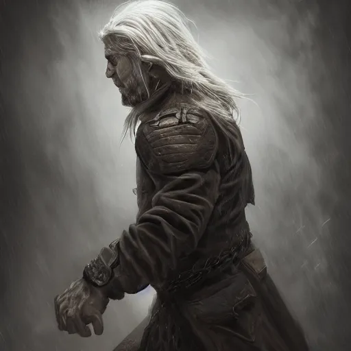 Image similar to portrait of a muscular, grim, ponytail haired blonde man in his late 30's, wearing a thick brown leather coat, looking to his side, scarred face, hunter, DnD character, fantasy character, dramatic lighting, high detail, graphite black and white by Ruan Jia, Krenz Cushart, Rossdraws and Boris Vallejo