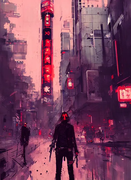 Image similar to horror art, terminators in shinjuku street, red cloud in the background, art by ismail inceoglu