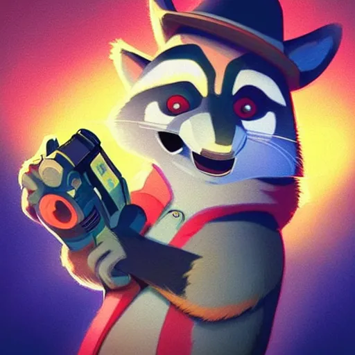 Image similar to “ racoon in the style of zootopia holding laser gun, floating alone, with a black background, digital art, award winning, trending on art station, retro style ”