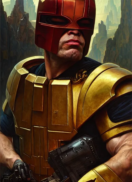 Image similar to renaissance painting of the rock as judge dredd, d & d, fantasy, intricate, elegant, highly detailed, digital painting, artstation, concept art, smooth, sharp focus, illustration, art by artgerm and greg rutkowski and alphonse mucha