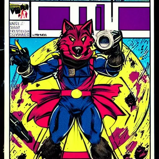 Image similar to 1 9 8 0 s comic book cover scan featuring a portrait of villain male wolf o'donnell anthropomorphic wolf furry fursona from starfox wearing a dark space mercenary uniform, dark grey wolf, handsome eyes, wolf o'donnell