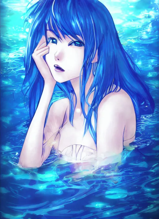 Image similar to a woman with blue hair sitting underwater, a beautiful anime drawing by yuumei, featured on pixiv, rayonism, pixiv, seapunk, very anime anime!! detailed