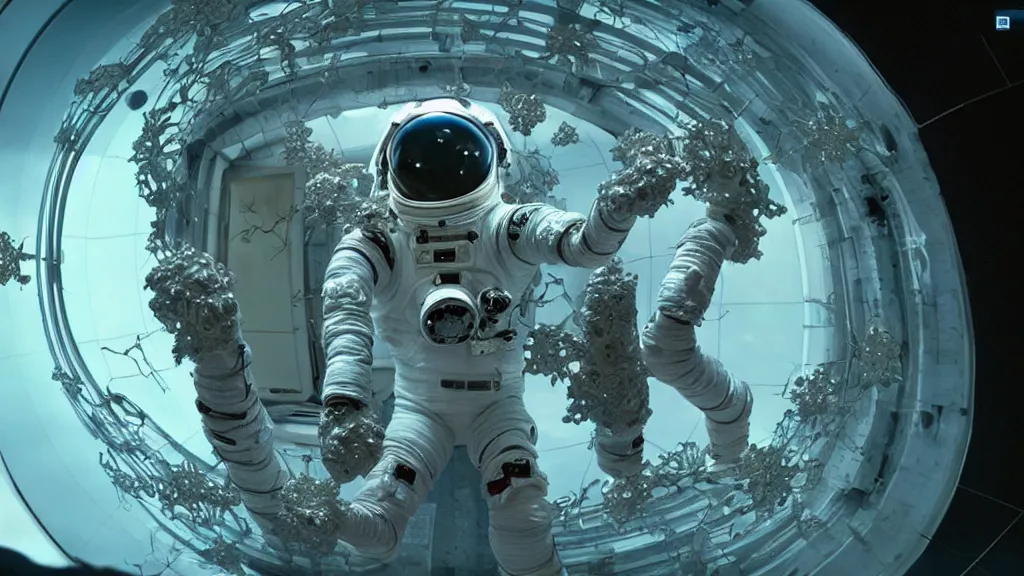 Image similar to a cybernetic symbiosis of a single astronaut eva suit infected with diamond 3d fractal lace iridescent bubble 3d skin covered with insectoid compound eye camera lenses floats through the living room, film still from the movie directed by Denis Villeneuve with art direction by Salvador Dalí, wide lens,