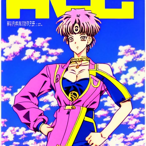 Image similar to 1993 Magazine Cover Anime key visual of a Versace girl; official media; typography; drawn by Hirohiko Araki; Jojo's Bizarre Adventure; Jojolion