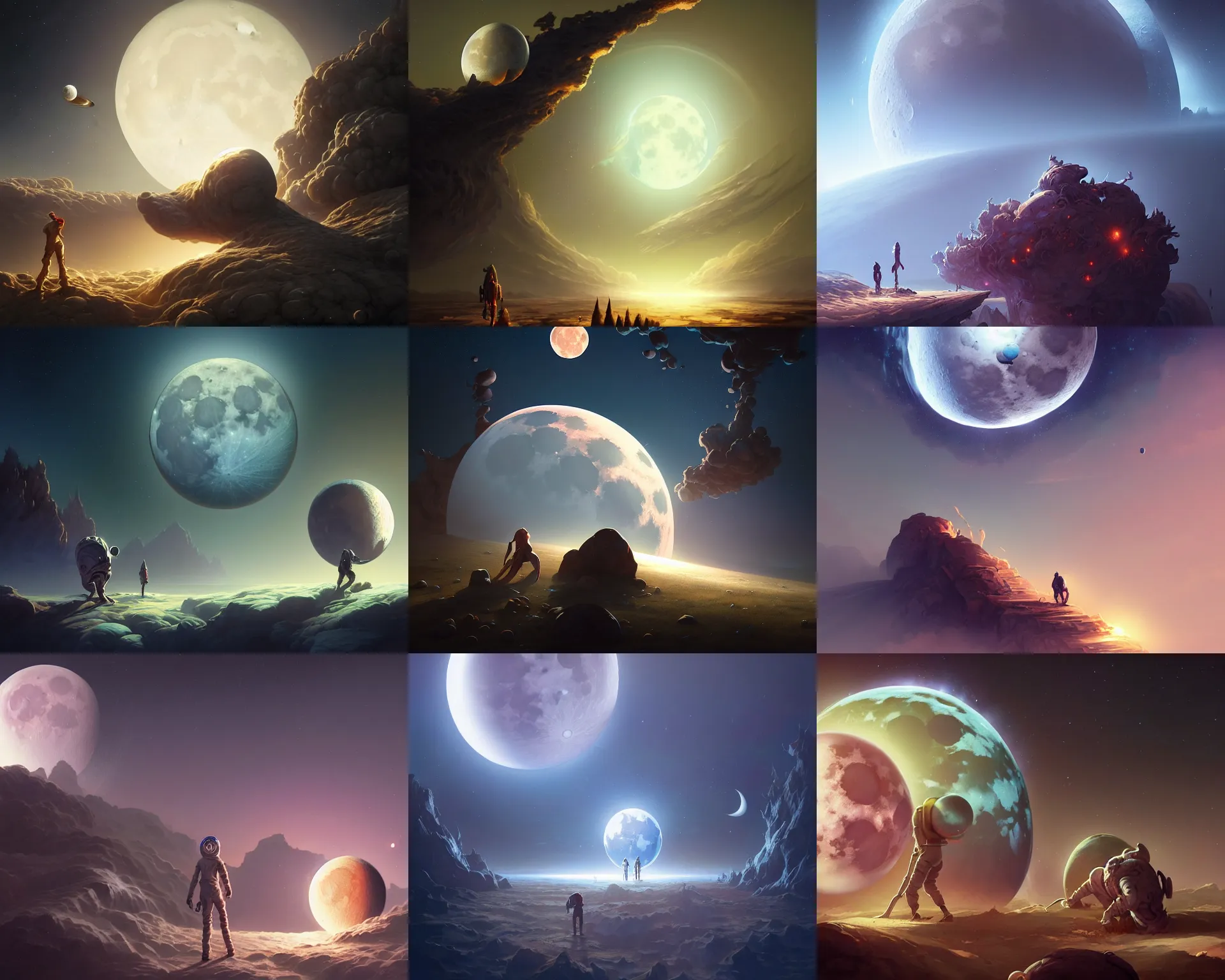 Prompt: scientists believe the moon was formed by a collision into planet earth by another celestial body., by peter mohrbacher dan mumford craig mullins nekro, cgsociety, pixiv, volumetric light, 3 d render