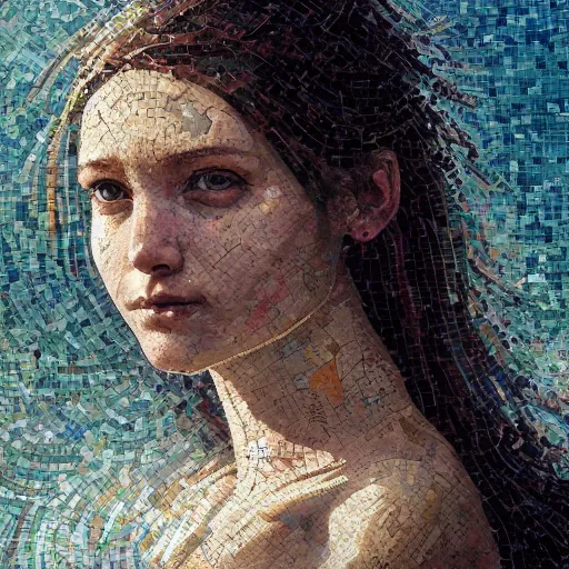 Prompt: mosaic portrait of a beautiful young girl falling into the sky by greg rutkowski, 4k, intricate details, dichotomy