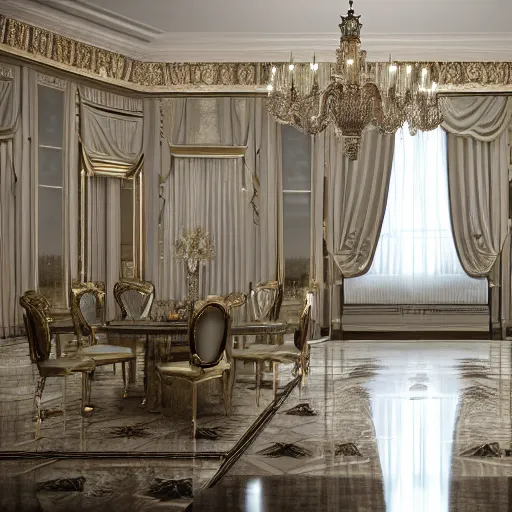 Image similar to extremly detailed luxurious white house interior with champagne on the table, 8 k, octane render, ray traced, global illumination, ultra detailed, photorealistic
