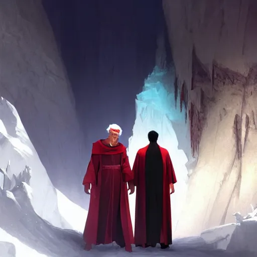 Prompt: dante alighieri and the poet virgil looking at the devil who is frozen in ice in a cavern 4 k, concept art, by wlop, ilya kuvshinov, artgerm, krenz cushart, greg rutkowski, pixiv. cinematic dramatic atmosphere, sharp focus, volumetric lighting, cinematic lighting, studio quality