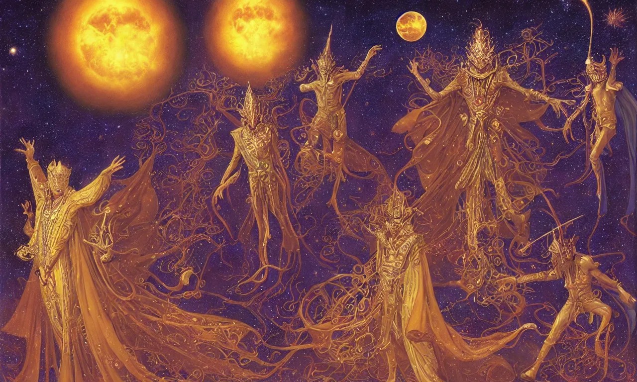 Image similar to sun king and moon prince in the cosmic court of mystical astronomy, art by james c. christensen and gerald brom