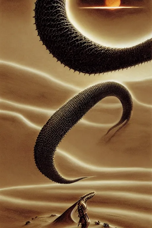 Image similar to a sandworm on arrakis, god emperor of dune, shai hulud, large desert worm by david a hardy, noriyoshi ohrai, gary ruddell, ( greg rutkowski ), salvador dali highly detailed, cinematic composition, trending on artstation