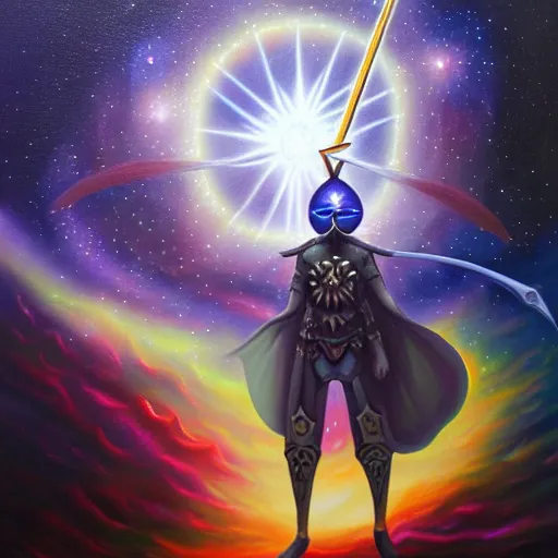 Prompt: facing the evil darkness dark star with a sword in hand, galactic nebular astral realm sacred journey in oil painting, trending on artstation, award winning, emotional, highly detailed surrealist art
