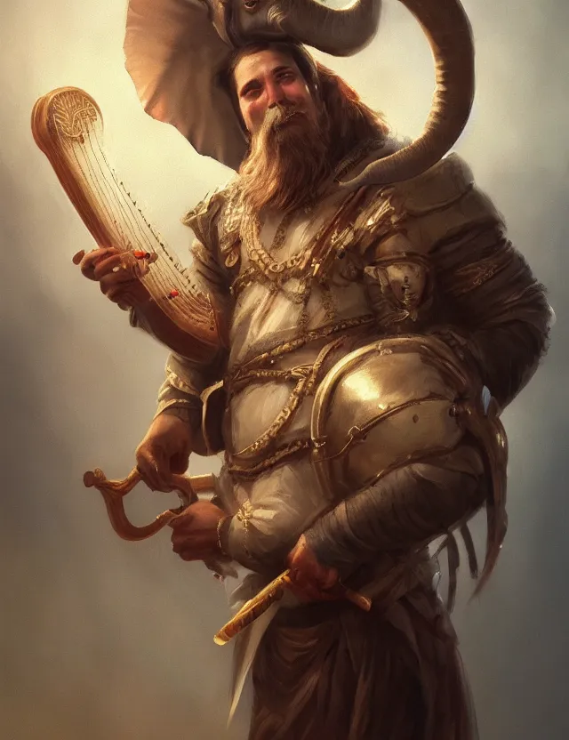 Prompt: painting of a man with an elephant face wearing bard costume and holding a harp, epic, trending on artstation, masterpiece, cinematic lighting, by ross tran and by greg rutkowski