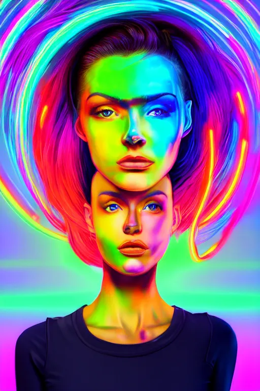 Image similar to a award winning half body portrait of a beautiful woman with stunning eyes in a croptop and cargo pants with rainbow colored ombre hairstyle head in motion and hair flying by thomas danthony, surrounded by whirling illuminated neon lines, outrun, vaporware, shaded flat illustration, digital art, trending on artstation, highly detailed, fine detail, intricate