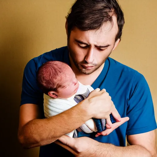 Prompt: a man holding his new born baby who has existential crisis