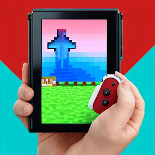 Image similar to hand holding nintendo switch with heart icon on screen with minecraft background