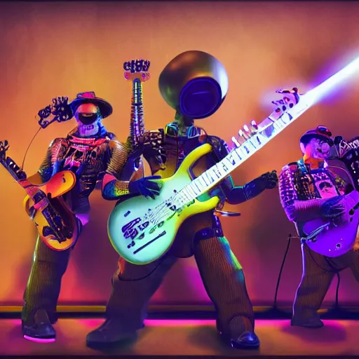 Image similar to album art, rockband with 3 dieselpunk robots playing guitar, robos rock, 8 k, flourescent colors, halluzinogenic, multicolored, exaggerated detailed, front shot, 3 d render, octane