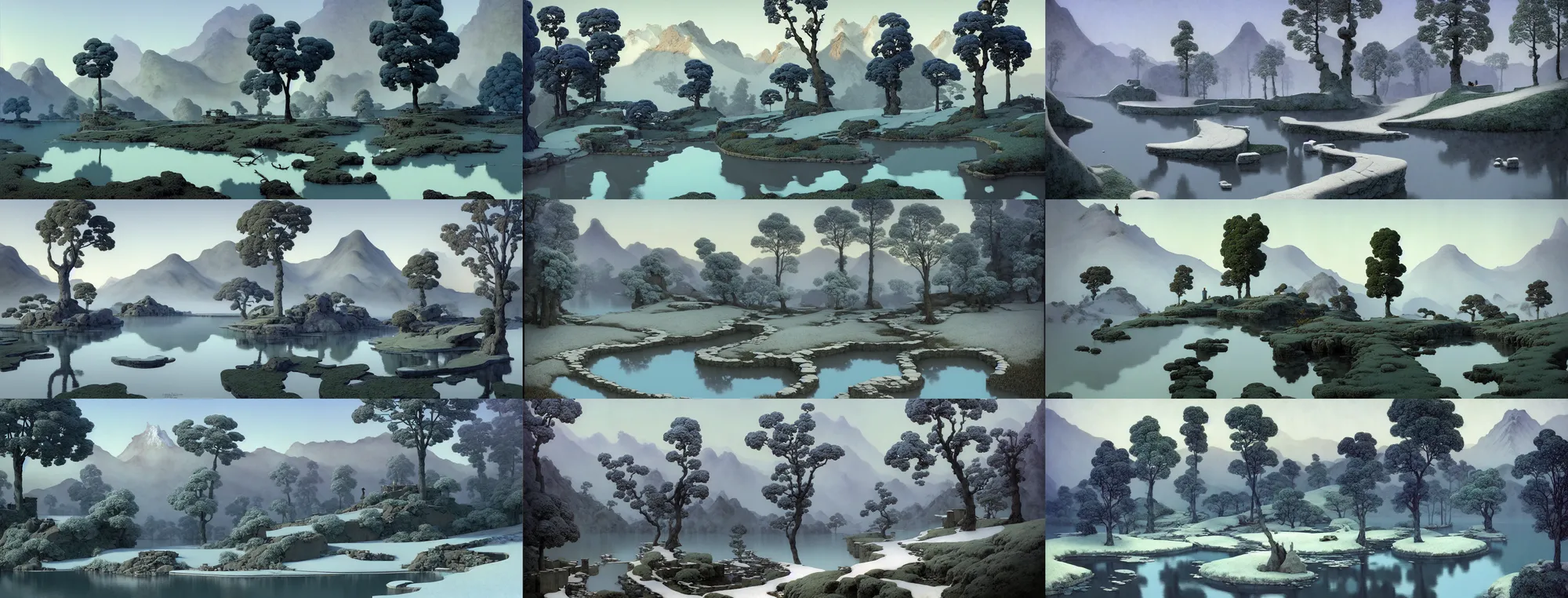 Prompt: a gorgeous bleak spring landscape painting by barlowe wayne maxfield parrish and marco mazzoni. tree no leaf!! china mountain village!! grey blue and verdancy. the lake ice is melting. the winding stone steps. ultra clear detailed. 3 d, octane render. fog.