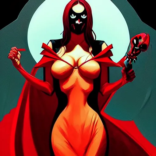 Image similar to rafael albuquerque comic art, peter mohrbacher, artgerm, pretty evil elizabeth olson demon, black and red dress, symmetrical eyes
