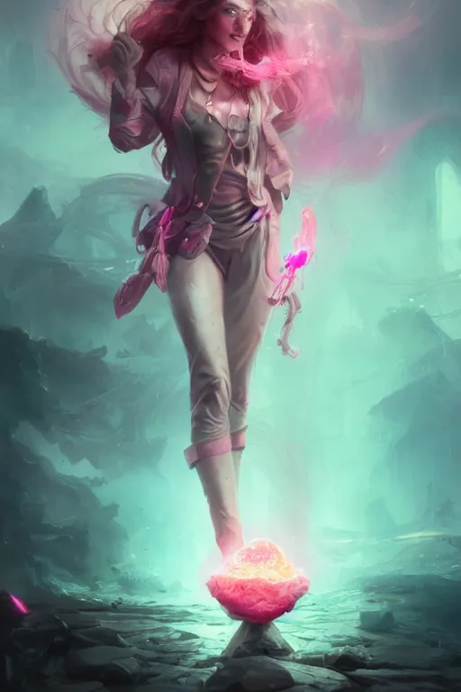 Prompt: beautiful girl necromancer covered with pink thunderstorm, 3 d render, hyper realistic detailed portrait, holding magic crystals, ruan jia, wlop. scifi, fantasy, hyper detailed, octane render, concept art, peter mohrbacher