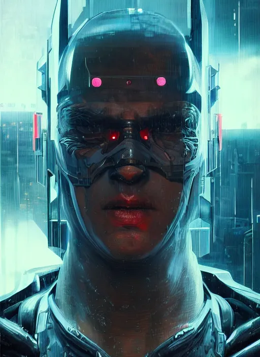 Prompt: portrait of the dark knight as a character in Cyberpunk 2077, looking at camera, intricate, dystopian, sci-fi, extremely detailed, digital painting, artstation, concept art, smooth, sharp focus, illustration, intimidating lighting, incredible art by artgerm and greg rutkowski and alphonse mucha and simon stalenhag