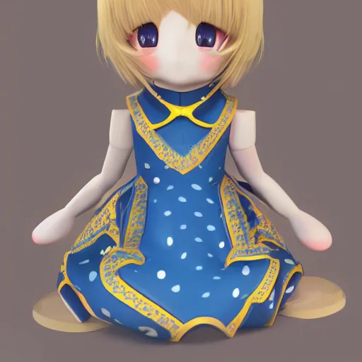 Image similar to cute fumo plush of a girl in a blue and gold patterned dress, stylized material bssrdf, vray, anime girl