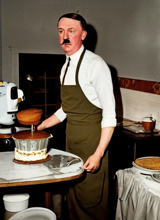 Prompt: a 35mm photograph of Hitler in an apron, dressed as a housewife, baking a cake, in the 1950's, bokeh, Canon 50mm, cinematic lighting, photography, retro, film, Kodachrome