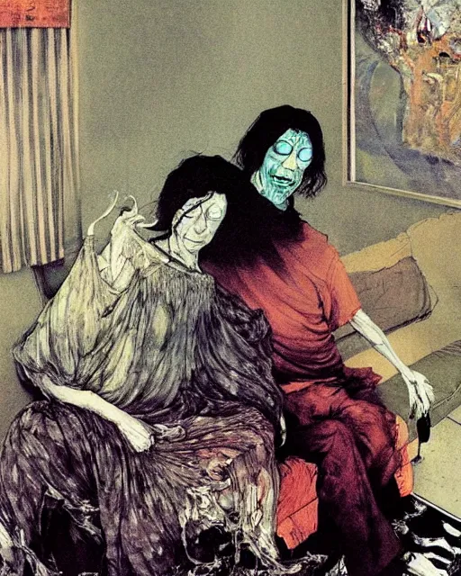 Image similar to an old dead couple sitting on a couch in a messy living room in an old apartment watching the televison on fire,  Francisco Goya painting, part by Beksiński and EdvardMunch. art by Takato Yamamoto and Peter Mohrbacher, Francis Bacon masterpiece