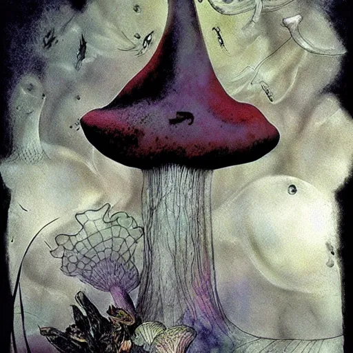 Prompt: psychedelic mushrooms dream, by dave mckean