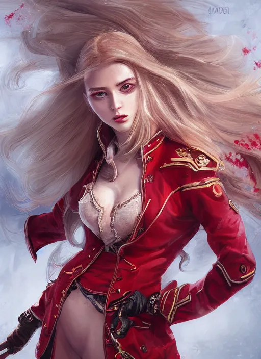 Prompt: a highly detailed illustration of beautiful long dirty blonde haired pale girl wearing red epaulette uniform, red eyes, dramatic seductive pose, curvaceous, intricate, elegant, highly detailed, centered, digital painting, artstation, concept art, smooth, sharp focus, league of legends concept art, WLOP