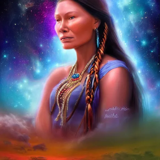 Image similar to a portrait of Pocahontas in the space with nebulae, realistic painting, high definition, digital art, matte painting, very detailed, realistic