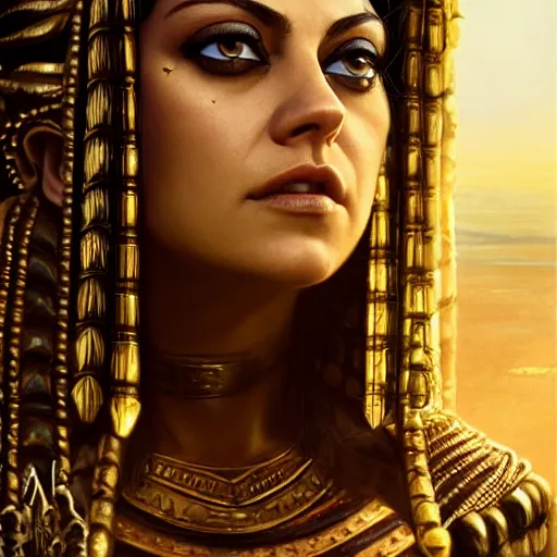 Image similar to closeup portrait of mila kunis as cleopatra, palace background, dramatic light, gorgeous view, depth, high detail, digital art, painted by seb mckinnon and greg rutkowski, trending on artstation