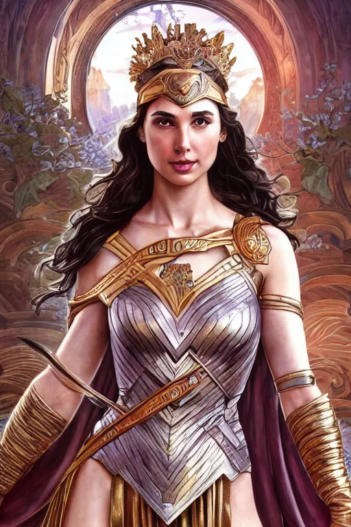 Prompt: Gal Gadot as a Roman Goddess, cute, fantasy, intricate, elegant, highly detailed, digital painting, 4k, HDR, concept art, smooth, sharp focus, illustration, art by artgerm and H R Giger and alphonse mucha