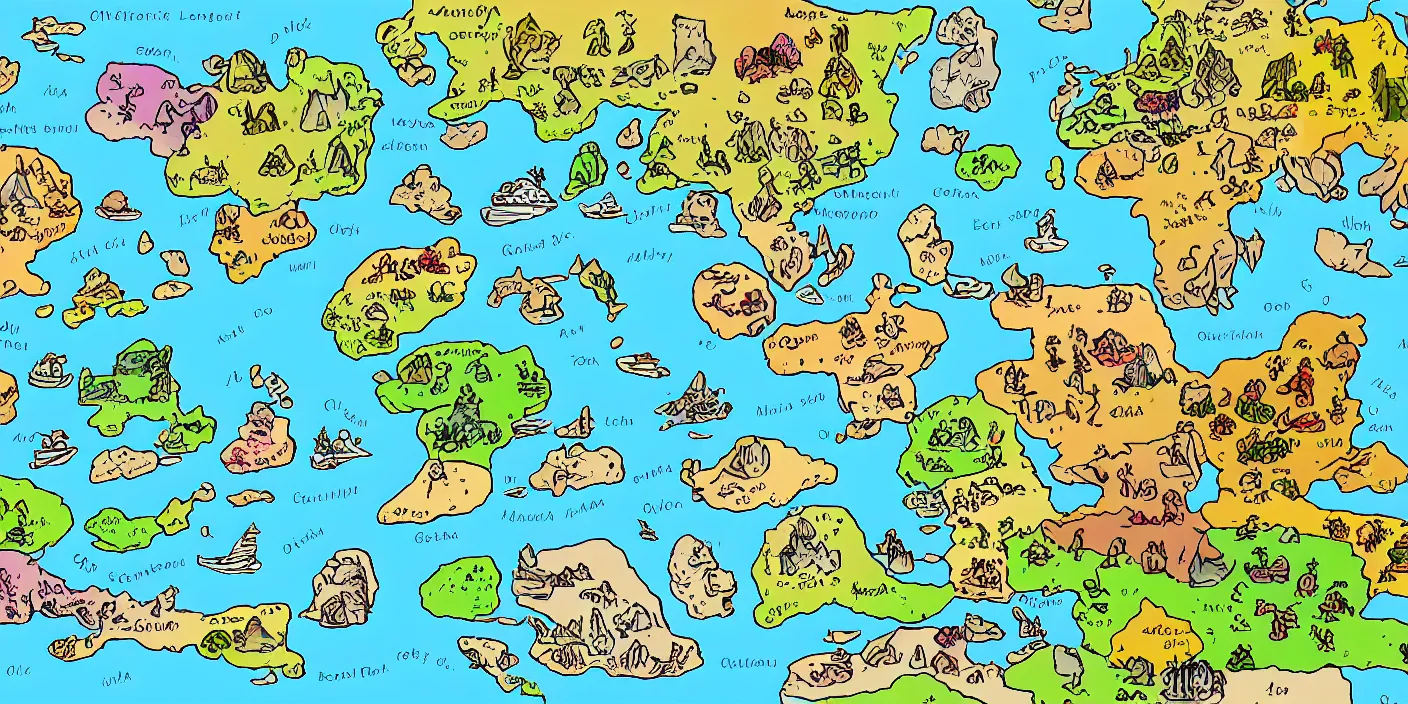 Prompt: a rpg map with continent with regions in separated colors surrounded by ocean detailed, flat colors and strokes