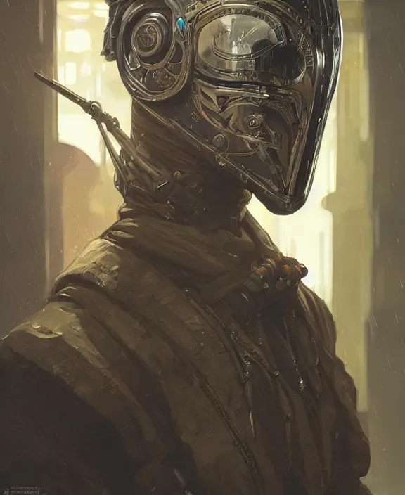 Image similar to portrait of a cyberpunk masked soldier, half body, d & d, fantasy, intricate, elegant, highly detailed, digital painting, artstation, concept art, art by artgerm and greg rutkowski and alphonse mucha