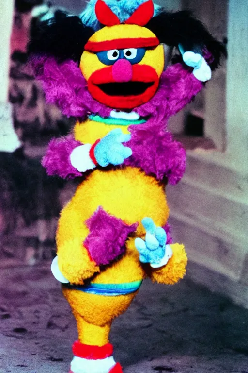 Prompt: retro 7 0 s photo of a cursed furby teletubby clown muppet hr pufnstuf