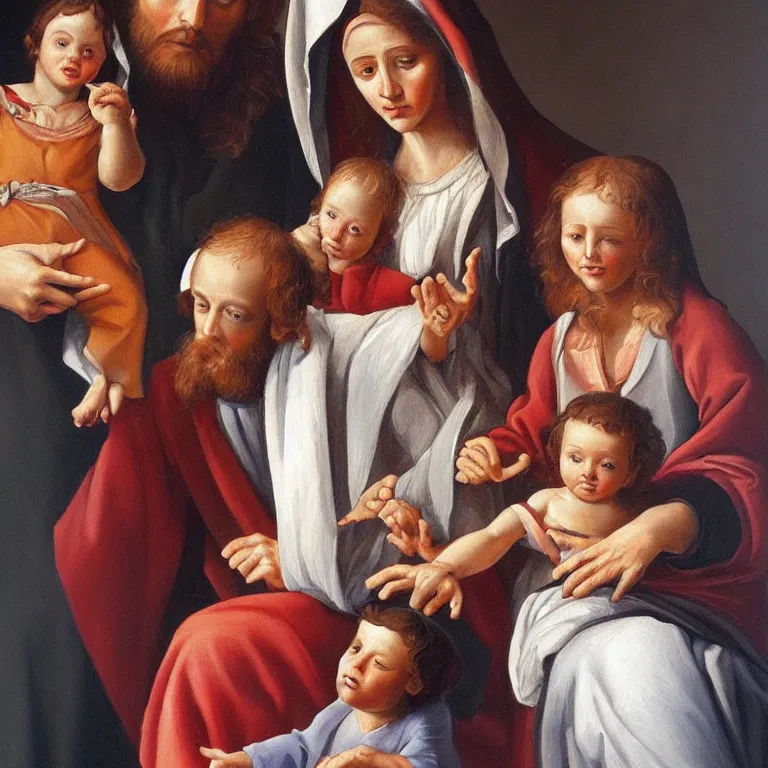 Prompt: a very detailed oil painting of the Holy Family, very detailed faces, by Andrea Vaccaro