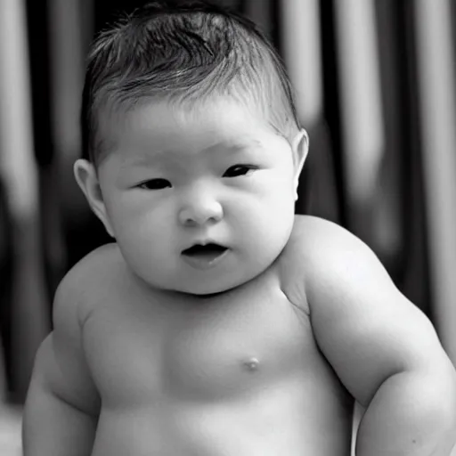 Prompt: a baby on steroids, baby face and baby body but huge muscles