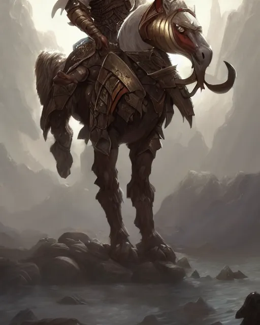 Image similar to Centaur Centaur Centaur Centaur :: Paladin, fearsome, beautiful, DnD character art portrait, male centaur centaur chimera, plate armor, matte fantasy painting, DeviantArt Artstation, by Jason Felix by Steve Argyle by Tyler Jacobson by Peter Mohrbacher, cinematic lighting.