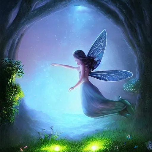 Prompt: fairy glowing magically at night concept art, realistic garden, beautiful, glorious, matte painting