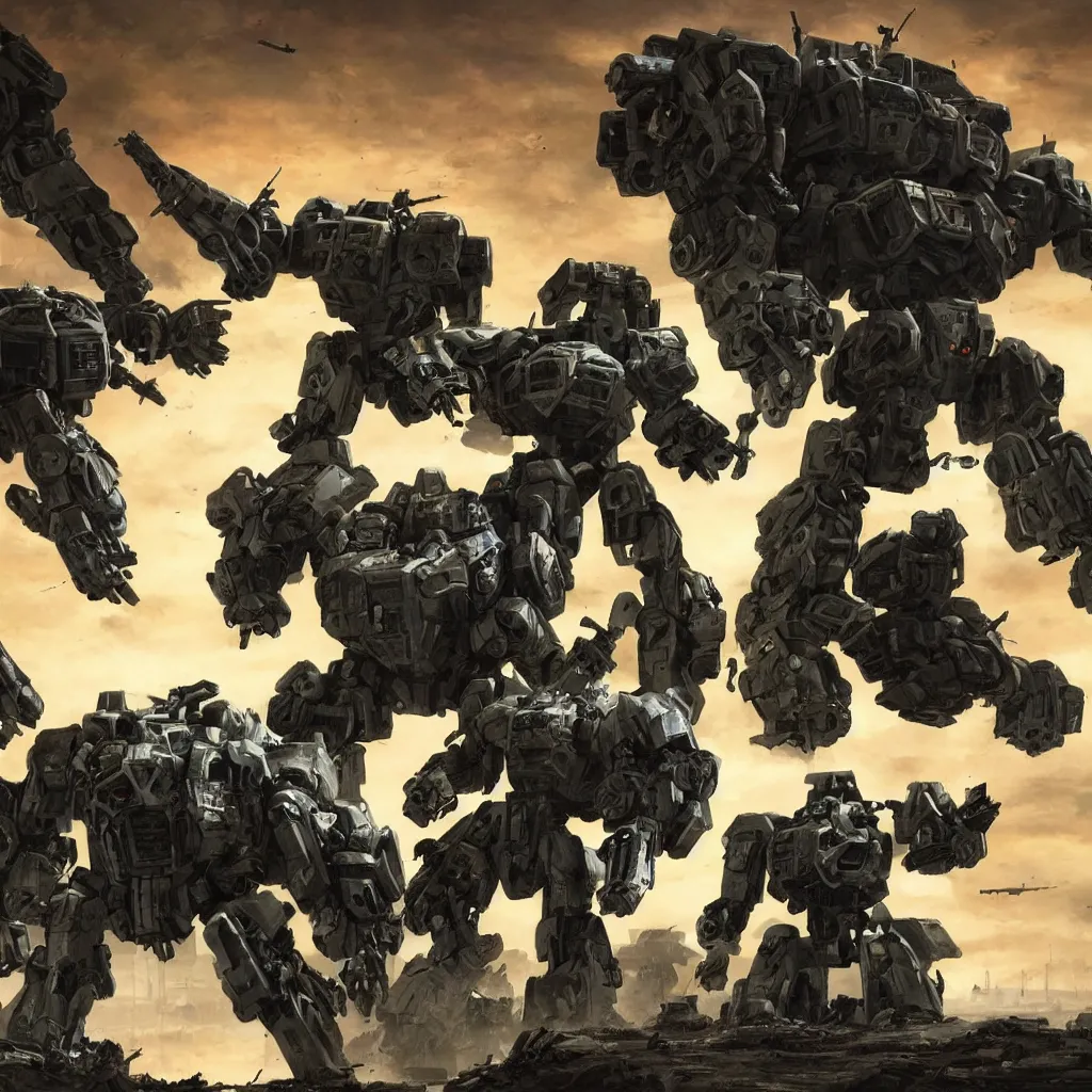 Prompt: war mechs fighting, mech battlefield, wartorn, desolate gloomy planet, science fiction