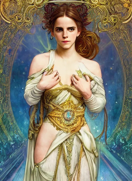 Image similar to Emma Watson as God of Beautifully, full body shot, cute, fantasy, intricate, elegant, highly detailed, digital painting, 4k, HDR, concept art, smooth, sharp focus, illustration, art by alphonse mucha,artgerm, H R Giger