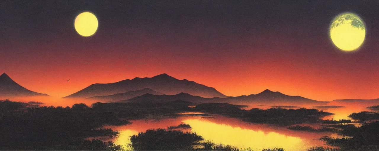 Image similar to awe inspiring bruce pennington landscape, digital art painting of 1 9 6 0 s, japan at night, 4 k, matte, minimalist, detailed
