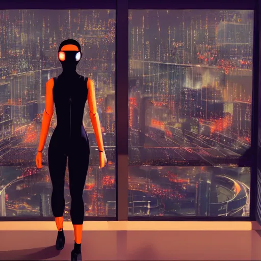 Prompt: A cybernetic woman in a sleek black jumpsuit, looking over her shoulder with a enigmatic smile, standing in front of a large window with a cityscape in the background, by James Jean and Jen Lee and Rebecca sugar, sci fi world, pixiv, unreal engine, HD